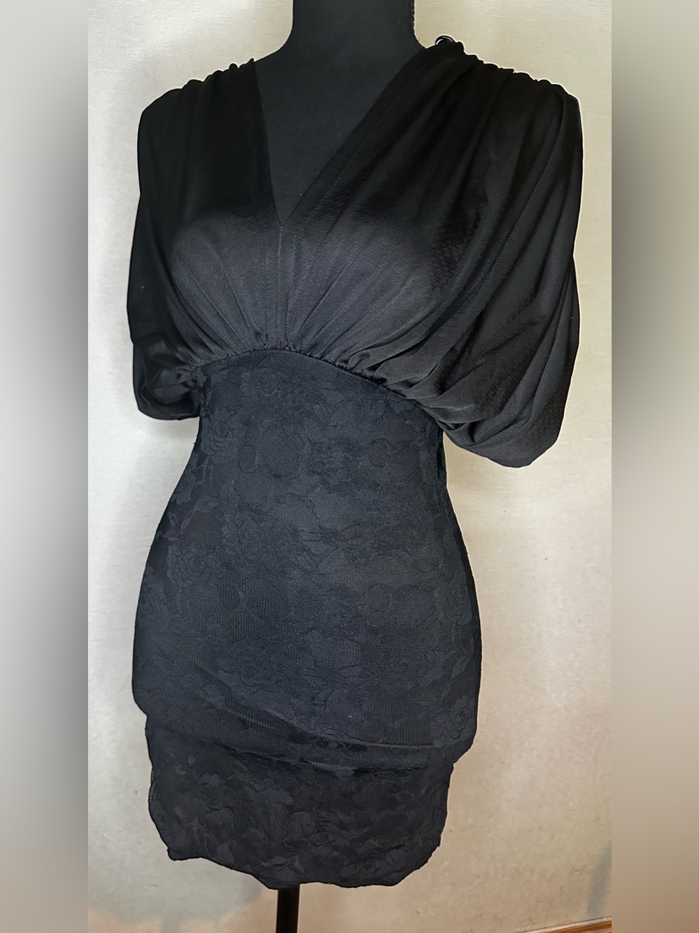 Black Lace Sheath Dress with Draped Bodice